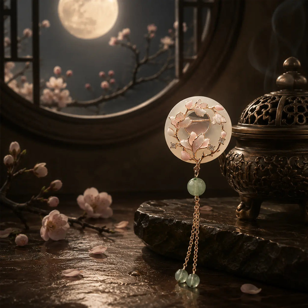 Magnolia Moon Jade Tassel Brooch
