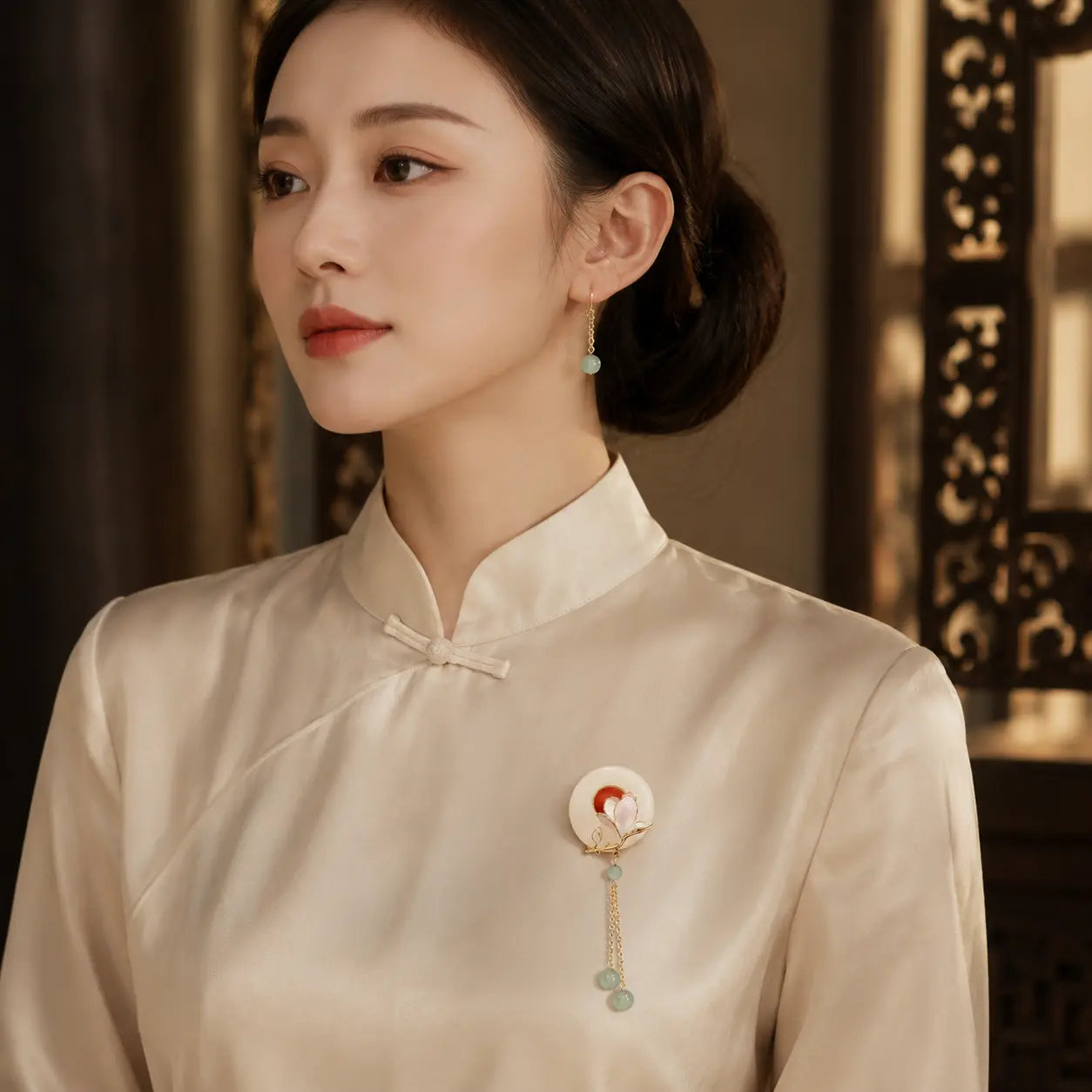 Moon Magnolia Jade Tassel Brooch