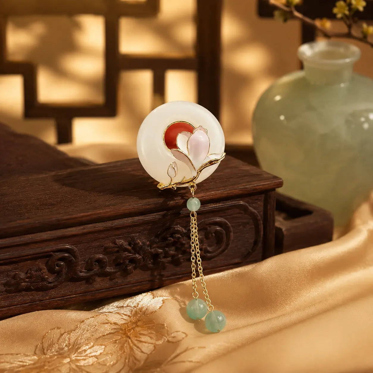 Moon Magnolia Jade Tassel Brooch