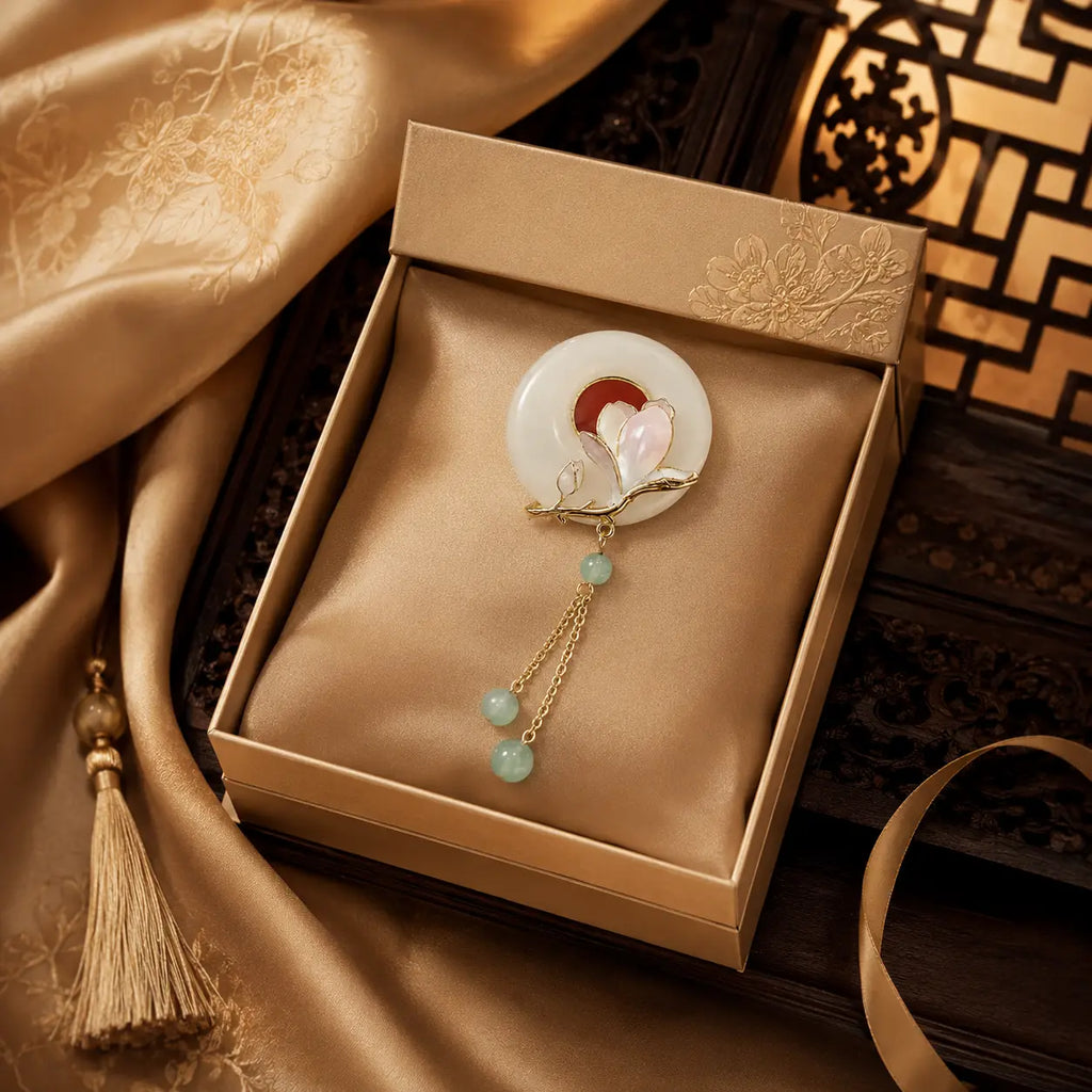 Moon Magnolia Jade Tassel Brooch