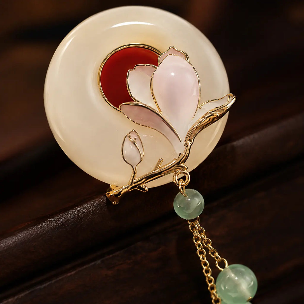 Moon Magnolia Jade Tassel Brooch