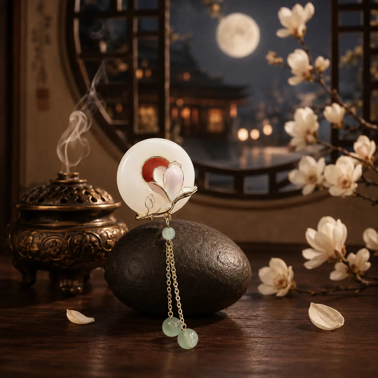 Moon Magnolia Jade Tassel Brooch