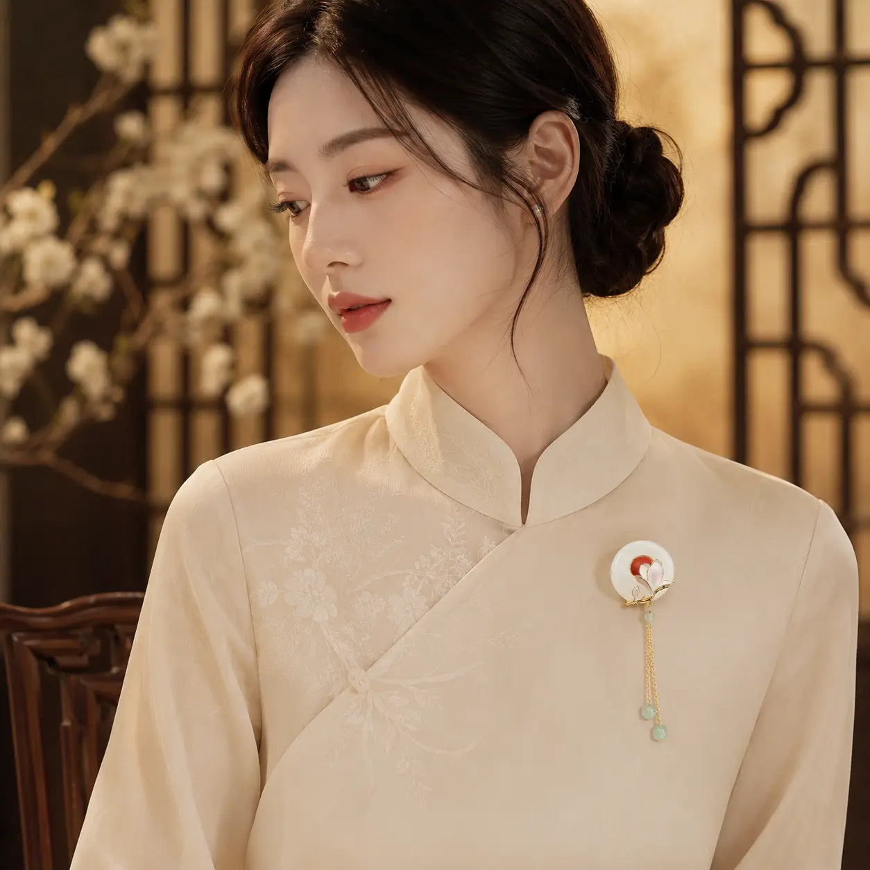 Moon Magnolia Jade Tassel Brooch