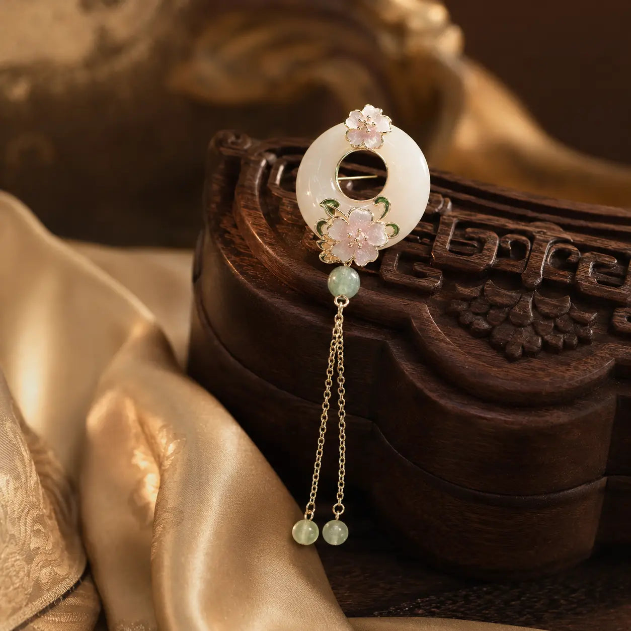 Cherry Blossom Moon Jade Tassel Brooch