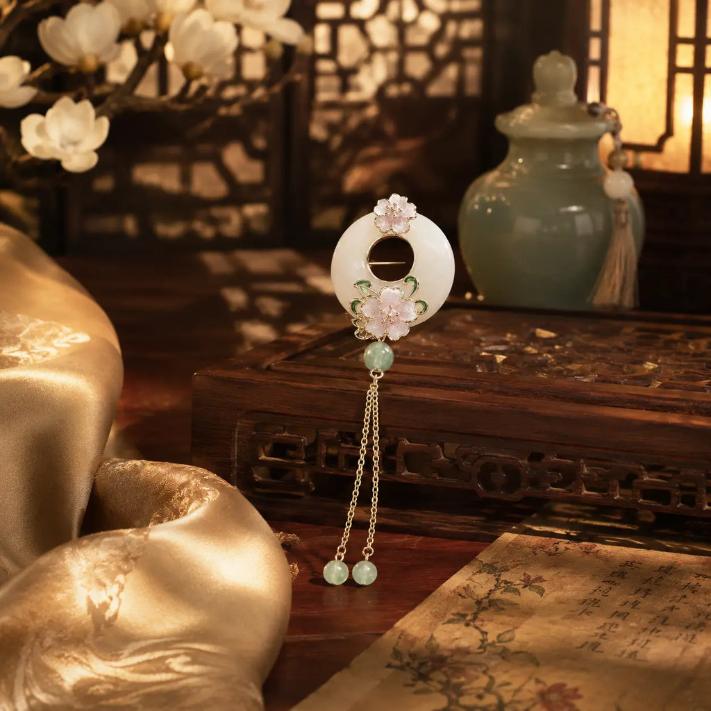 Cherry Blossom Moon Jade Tassel Brooch