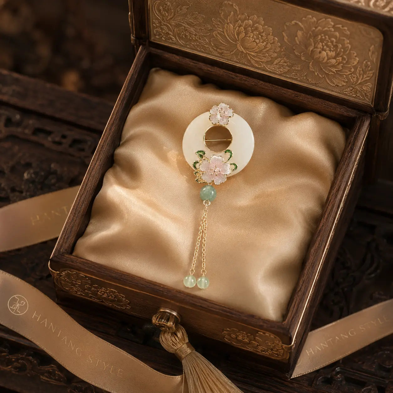 Cherry Blossom Moon Jade Tassel Brooch