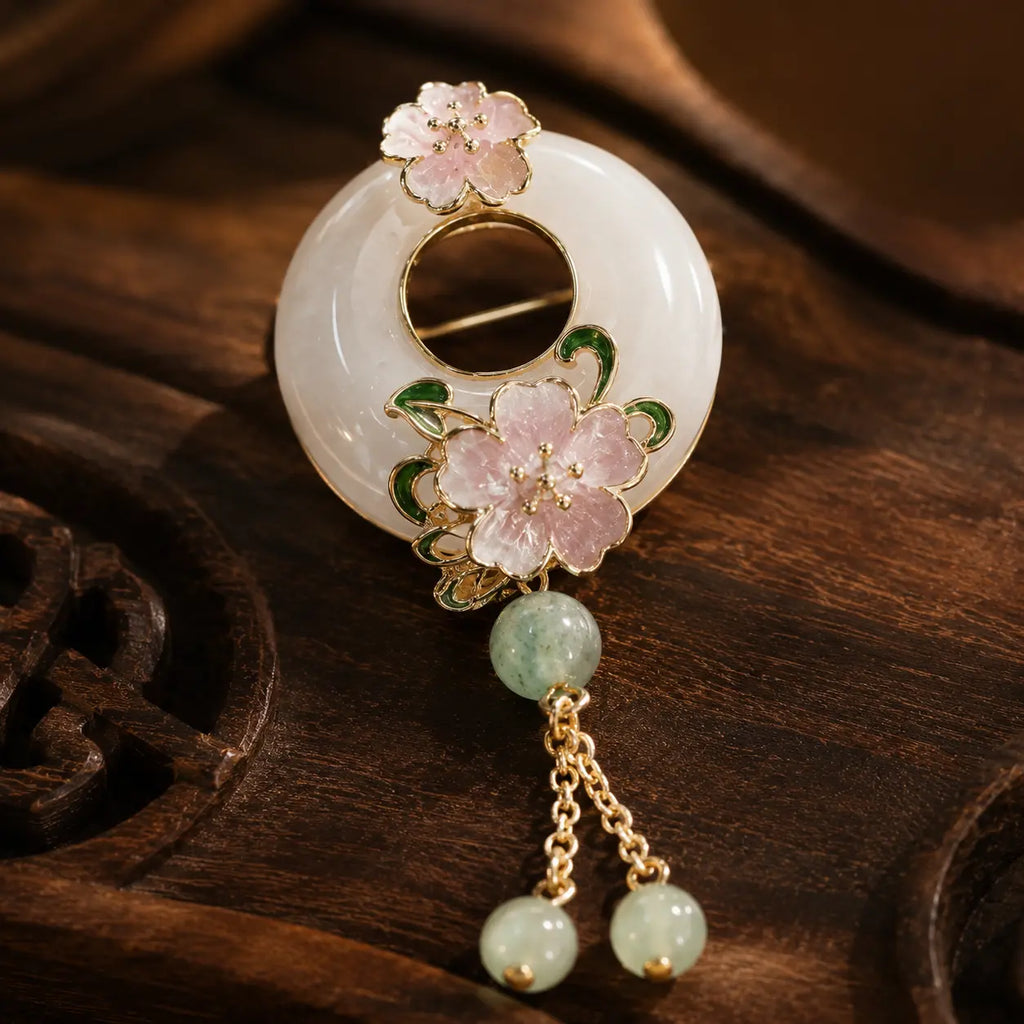 Cherry Blossom Moon Jade Tassel Brooch