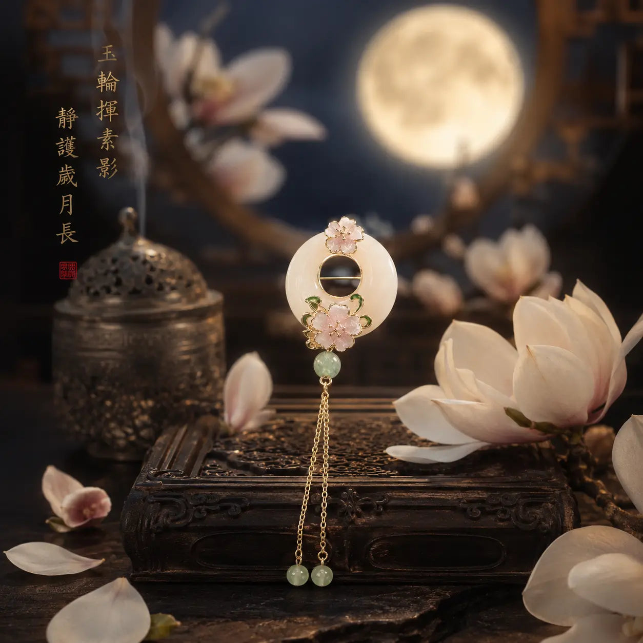 Cherry Blossom Moon Jade Tassel Brooch