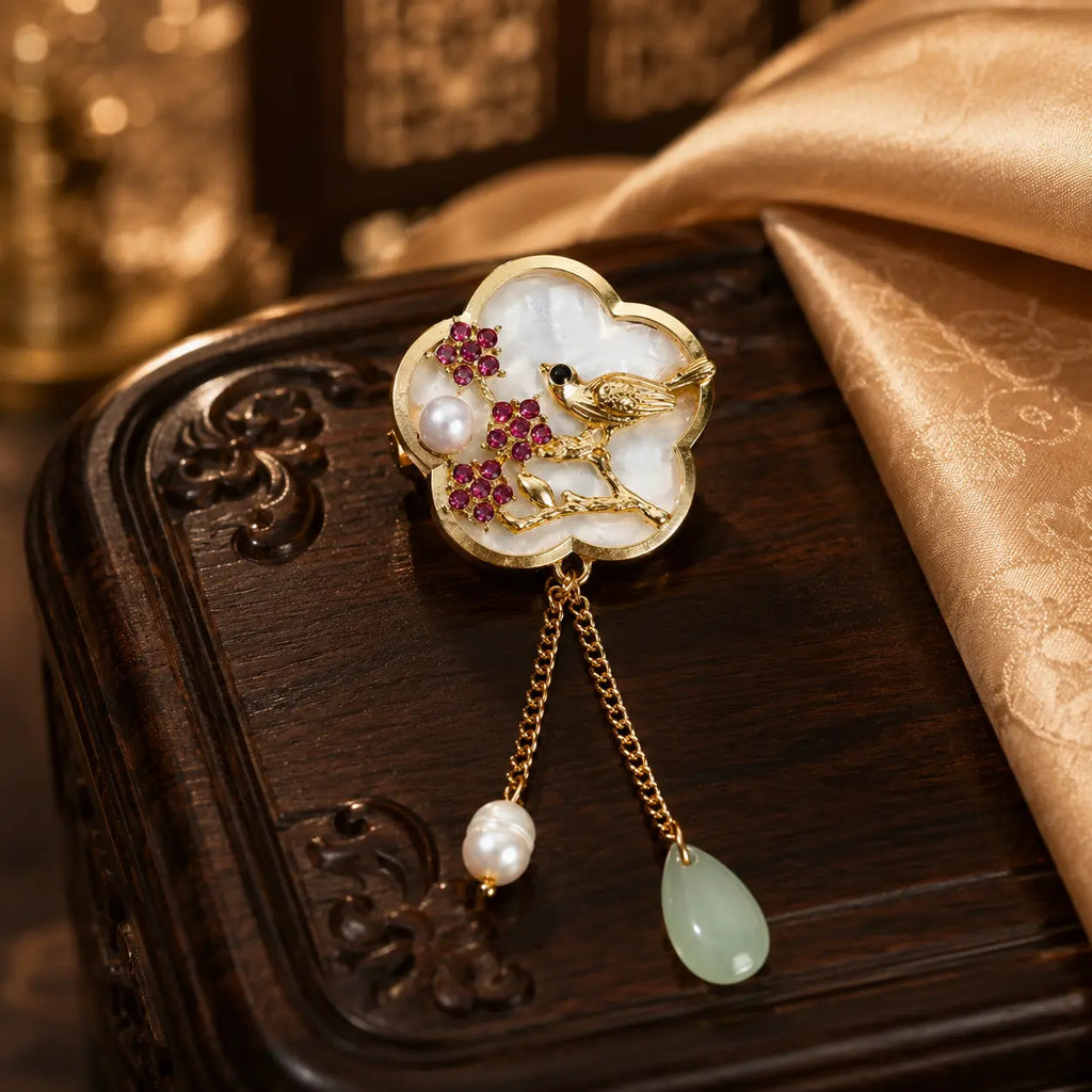 Jade Sparrow Blossom Brooch