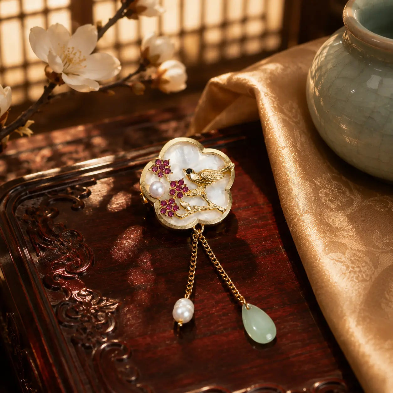 Jade Sparrow Blossom Brooch