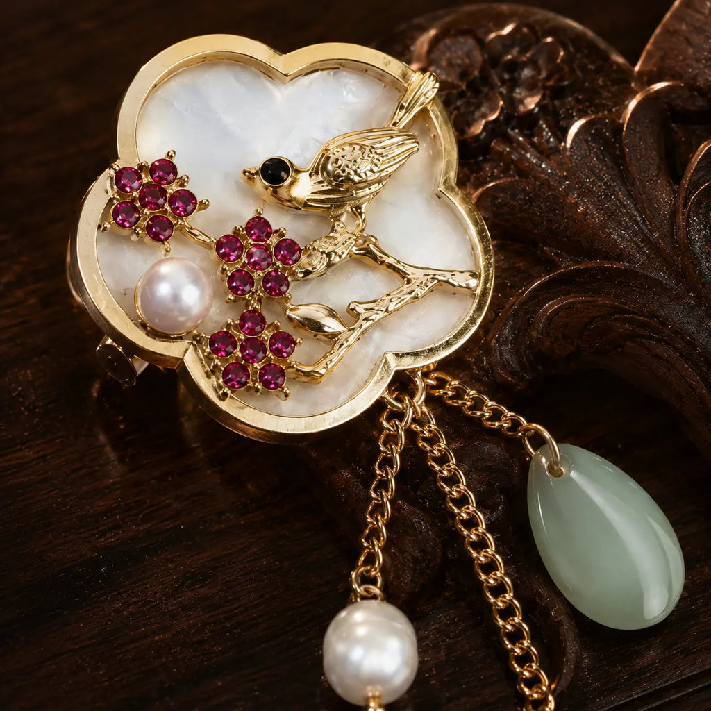 Jade Sparrow Blossom Brooch