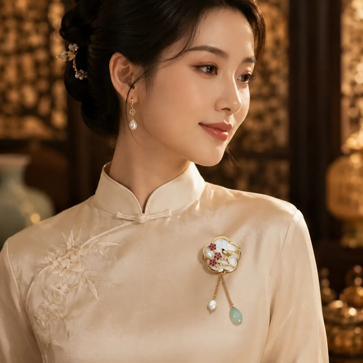 Jade Sparrow Blossom Brooch