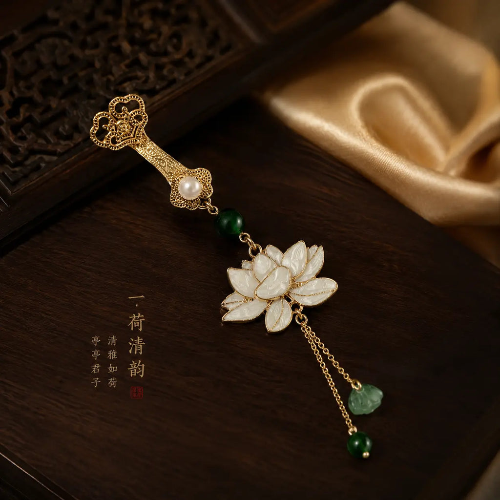 Imperial Lotus Jade Tassel Brooch