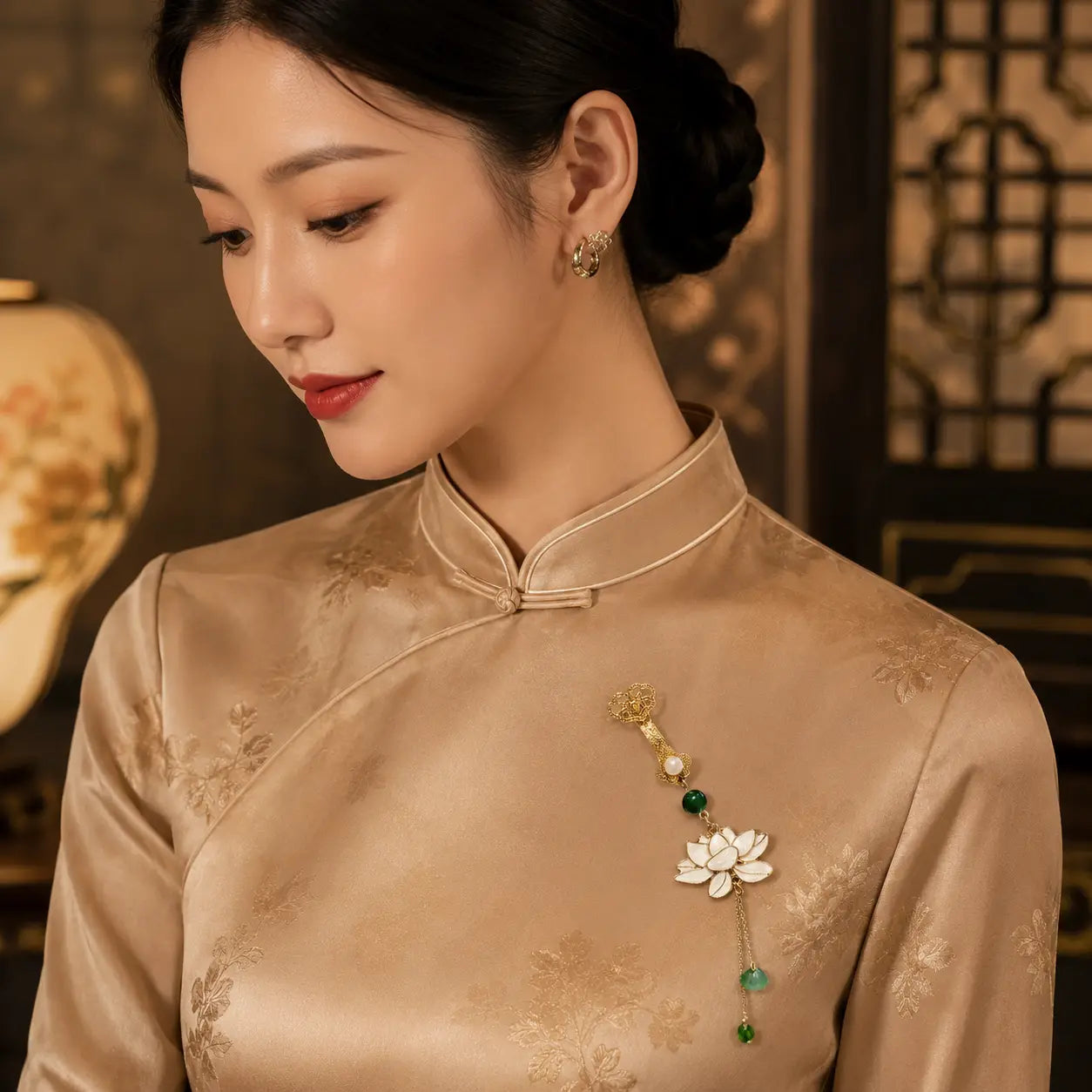 Imperial Lotus Jade Tassel Brooch
