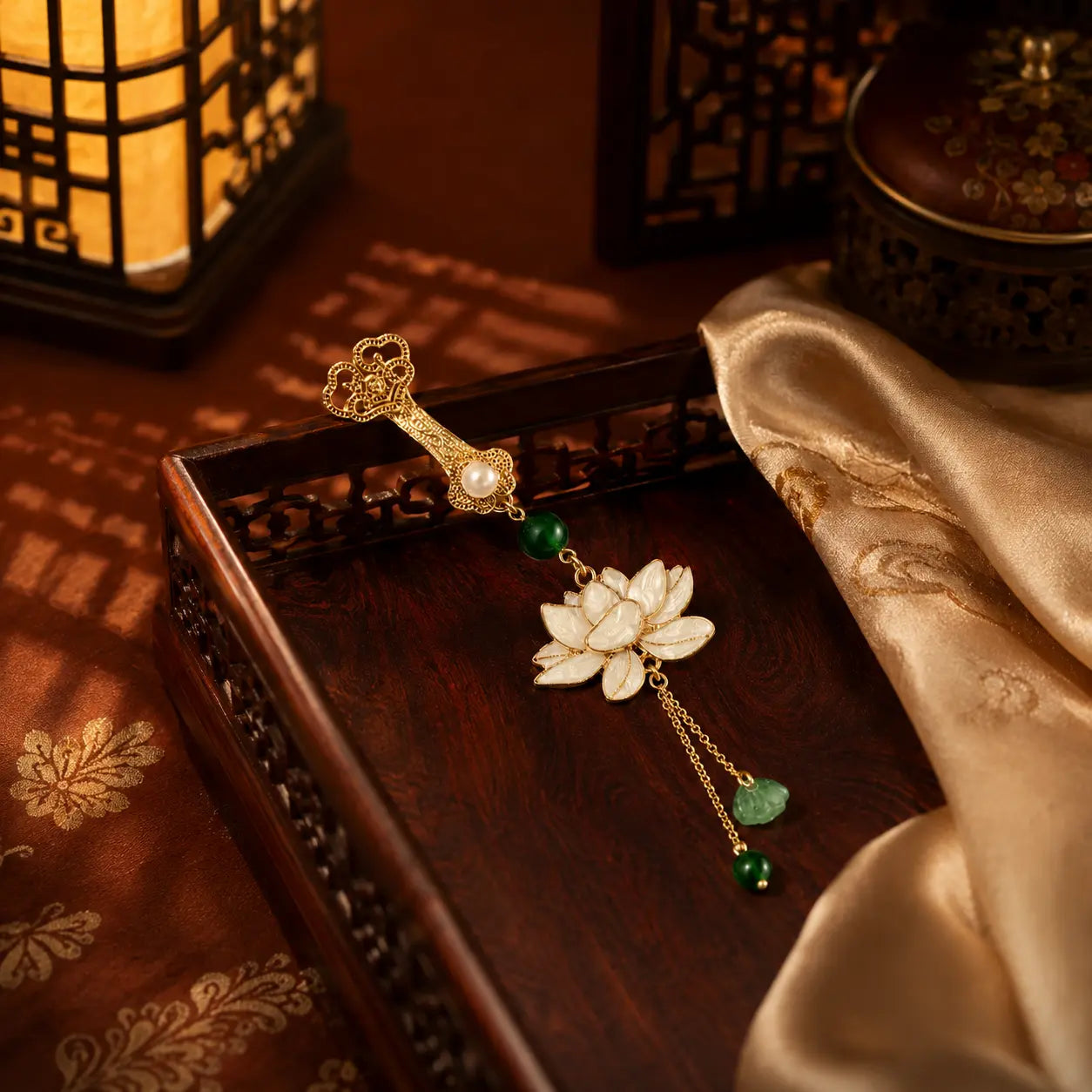 Imperial Lotus Jade Tassel Brooch