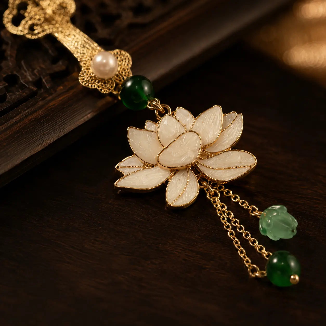 Imperial Lotus Jade Tassel Brooch