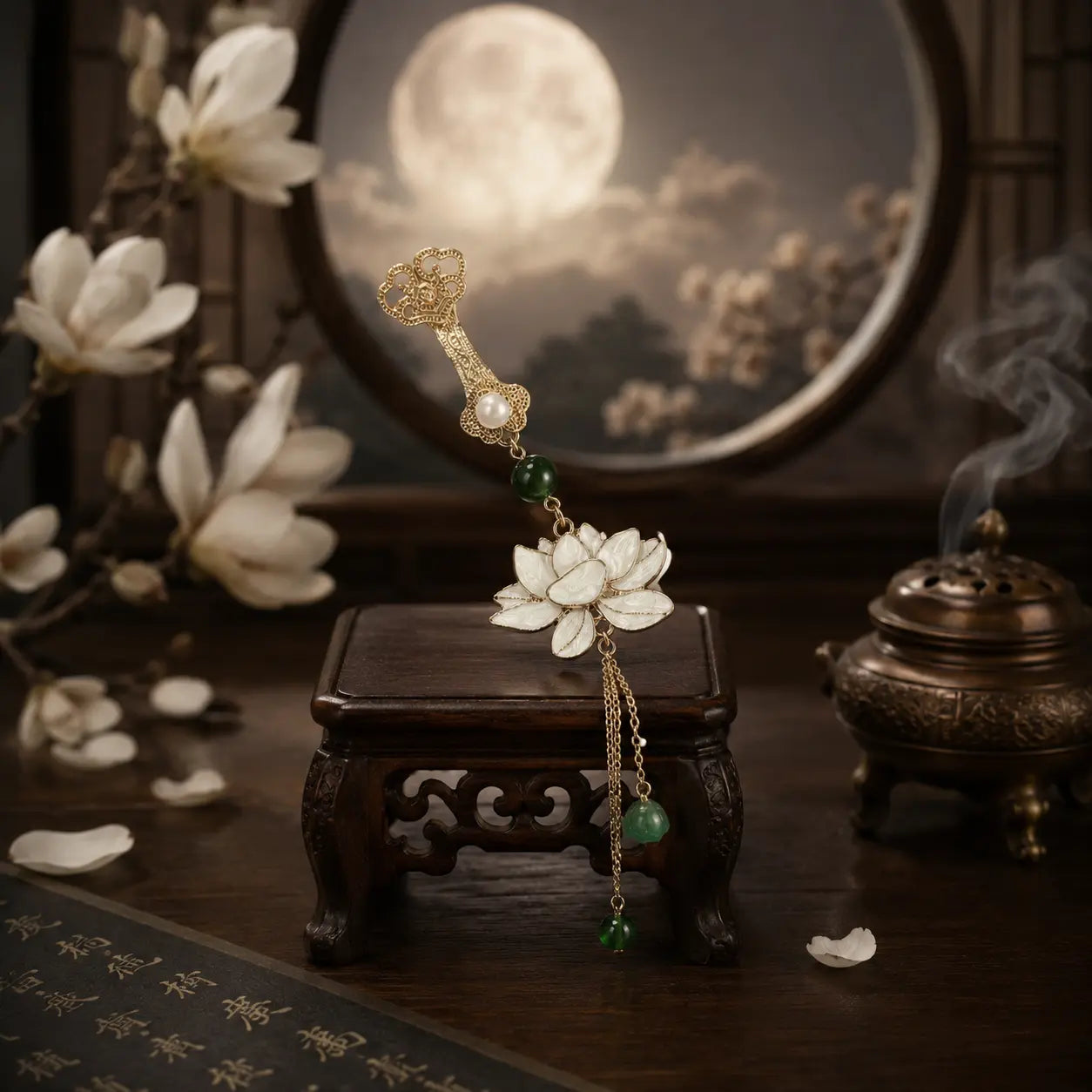 Imperial Lotus Jade Tassel Brooch