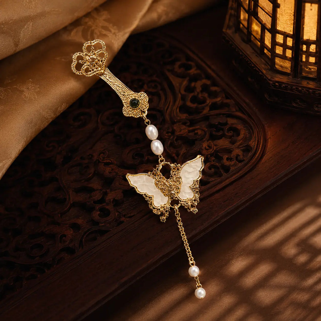 Imperial Butterfly Pearl Tassel Brooch