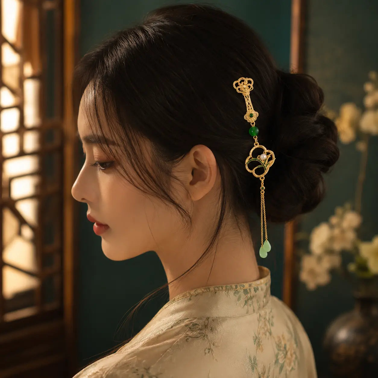 Moon Orchid Jade Tassel Hairpin