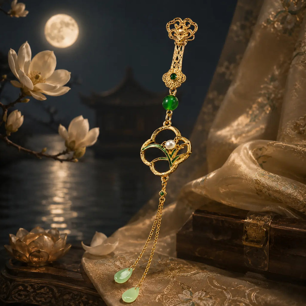 Moon Orchid Jade Tassel Hairpin