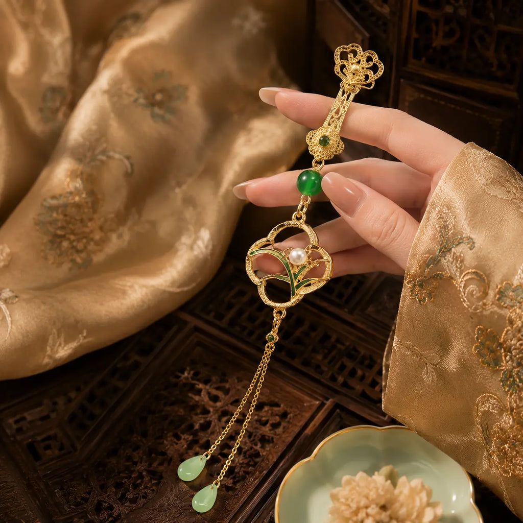 Moon Orchid Jade Tassel Hairpin