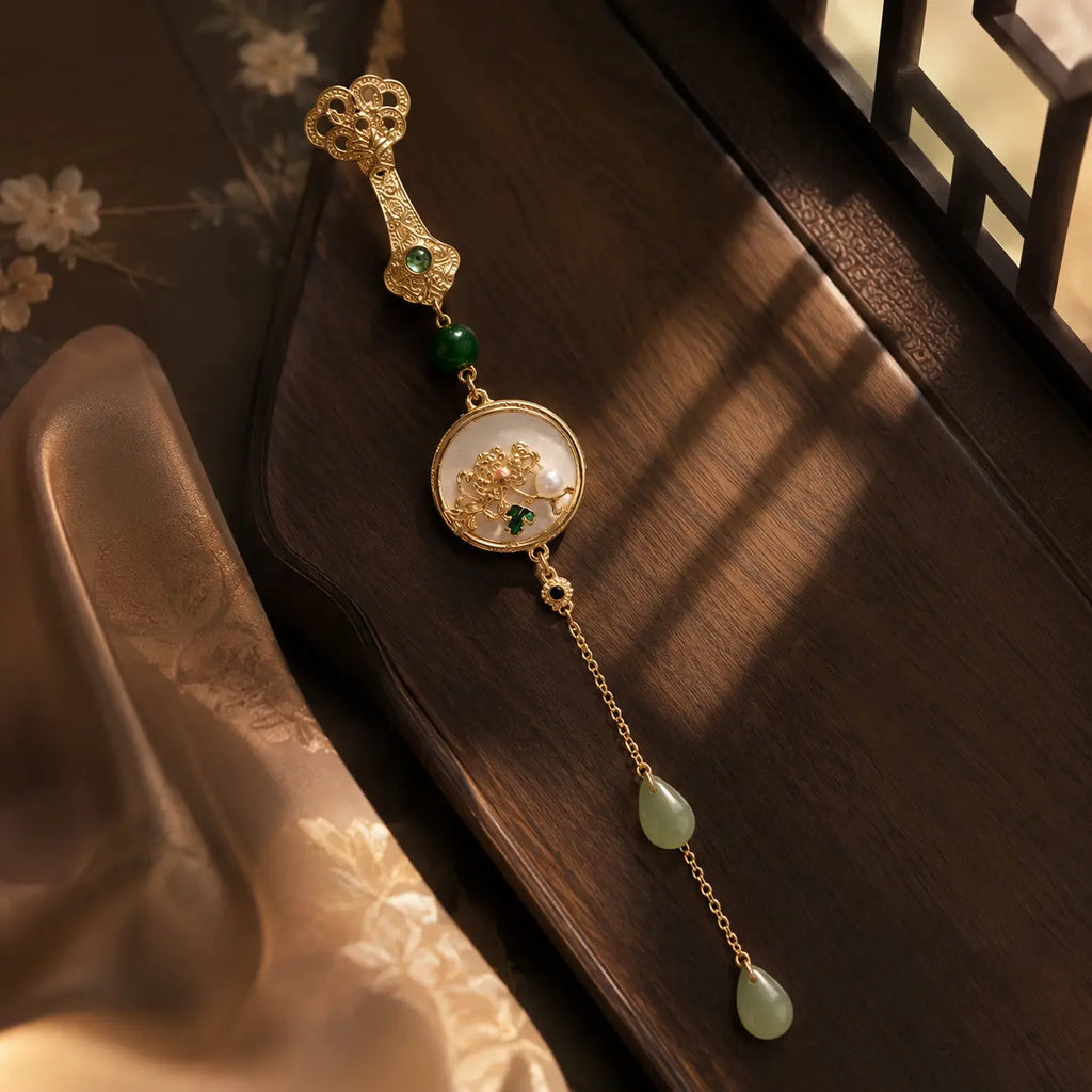 Moon Garden Jade Tassel Brooch