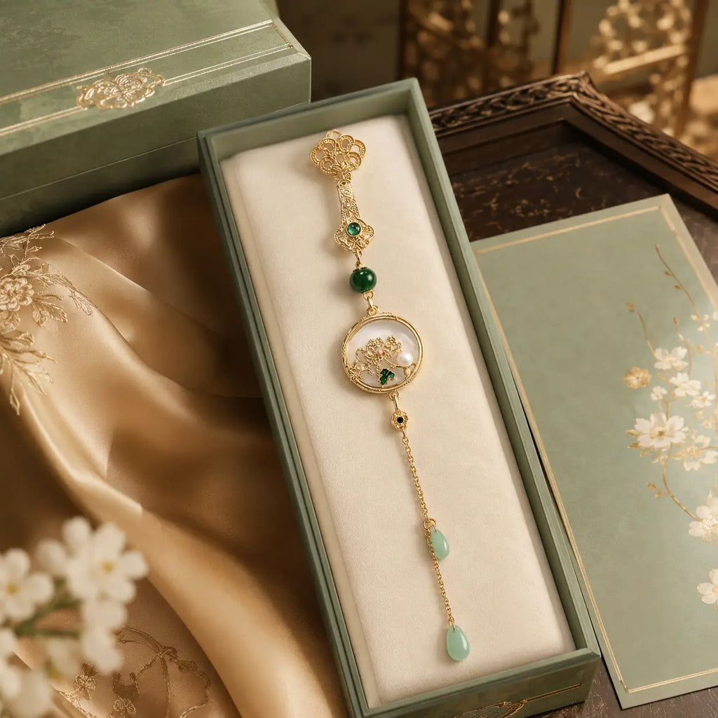 Moon Garden Jade Tassel Brooch