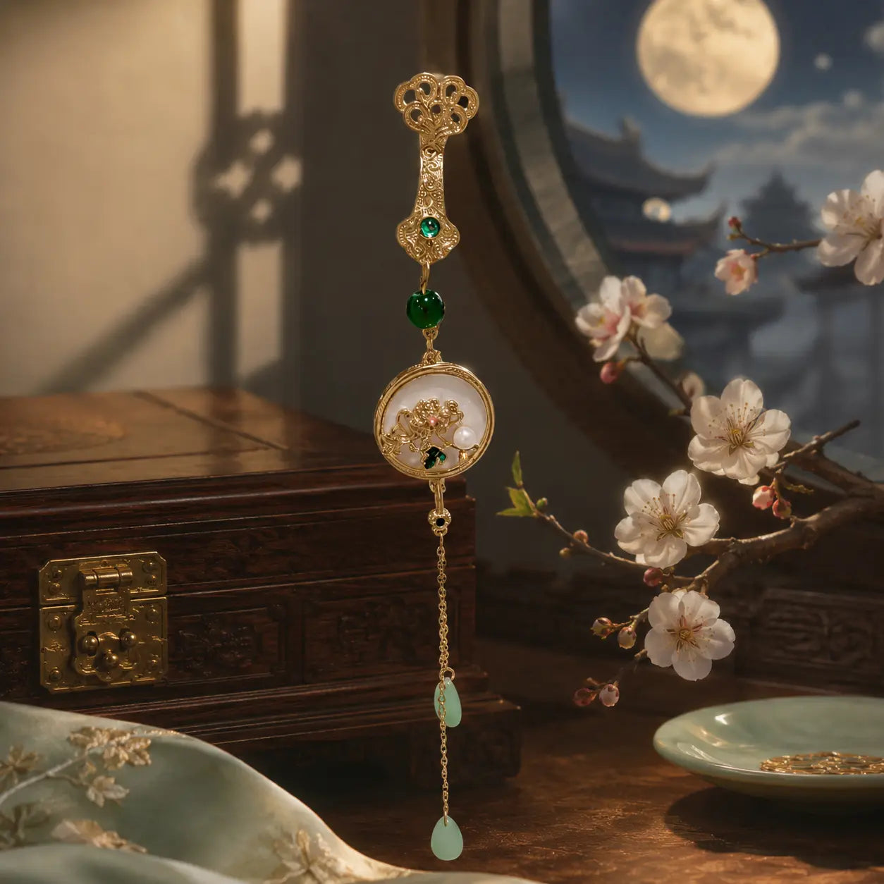 Moon Garden Jade Tassel Brooch