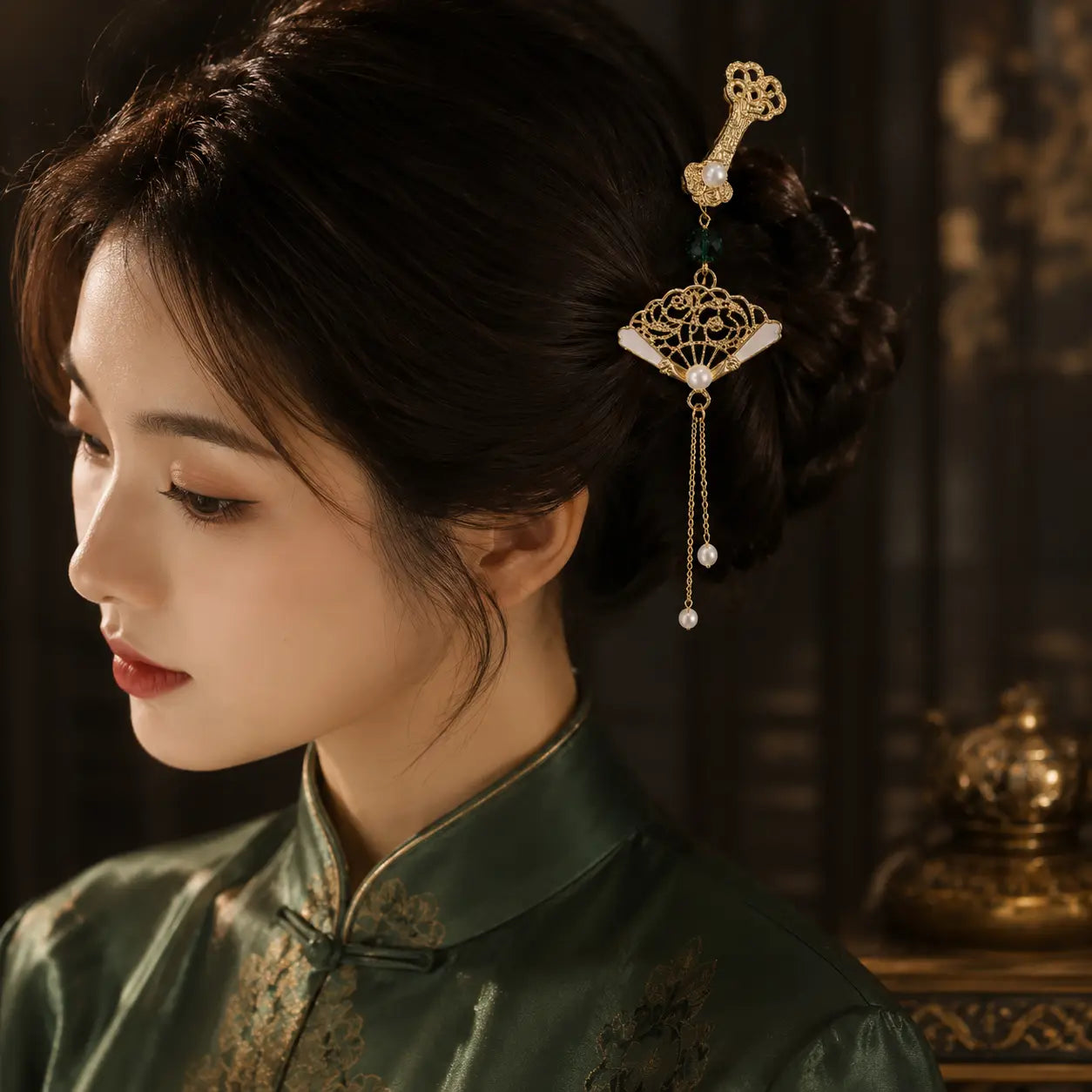 Imperial Fan Pearl Tassel Hairpin