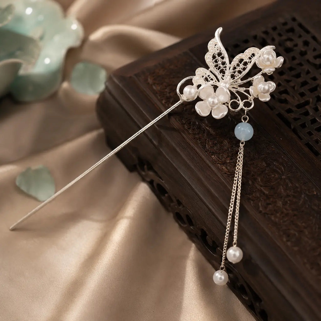 Moon Butterfly Pearl Tassel Hair Stick