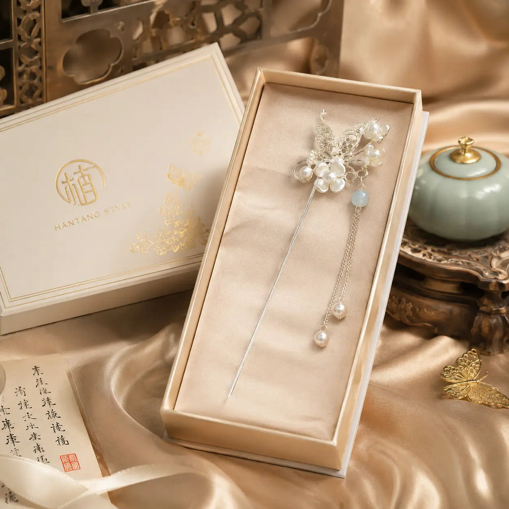 Moon Butterfly Pearl Tassel Hair Stick