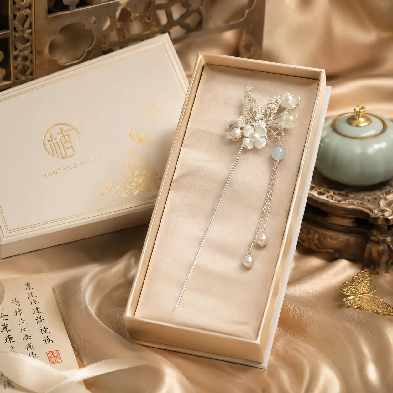 Moon Butterfly Pearl Tassel Hair Stick