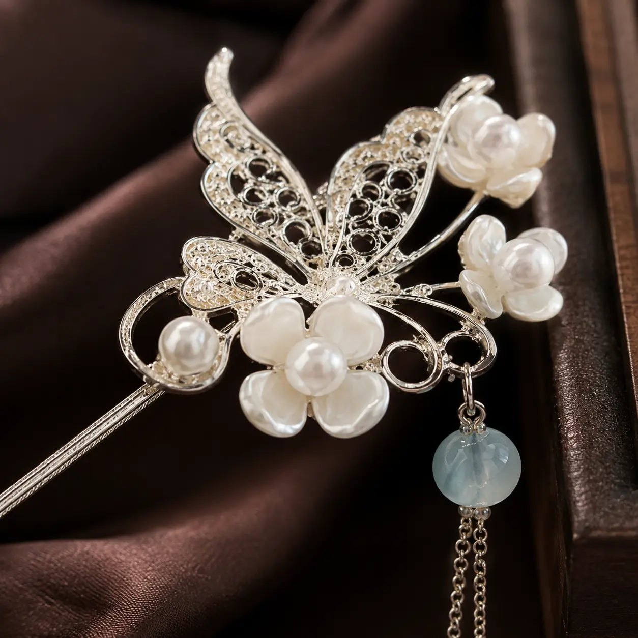Moon Butterfly Pearl Tassel Hair Stick