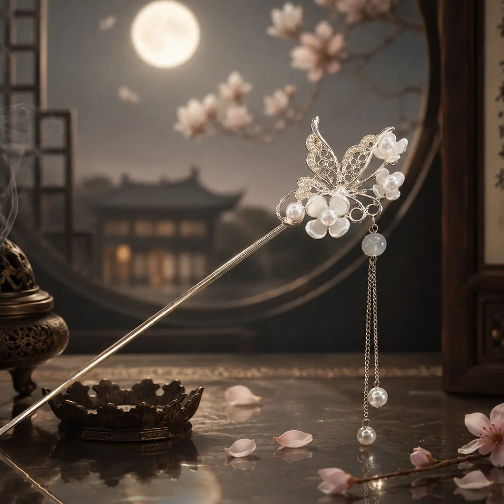 Moon Butterfly Pearl Tassel Hair Stick