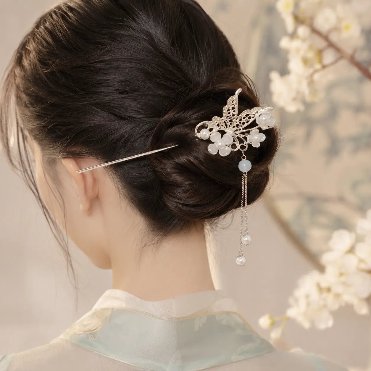 Moon Butterfly Pearl Tassel Hair Stick