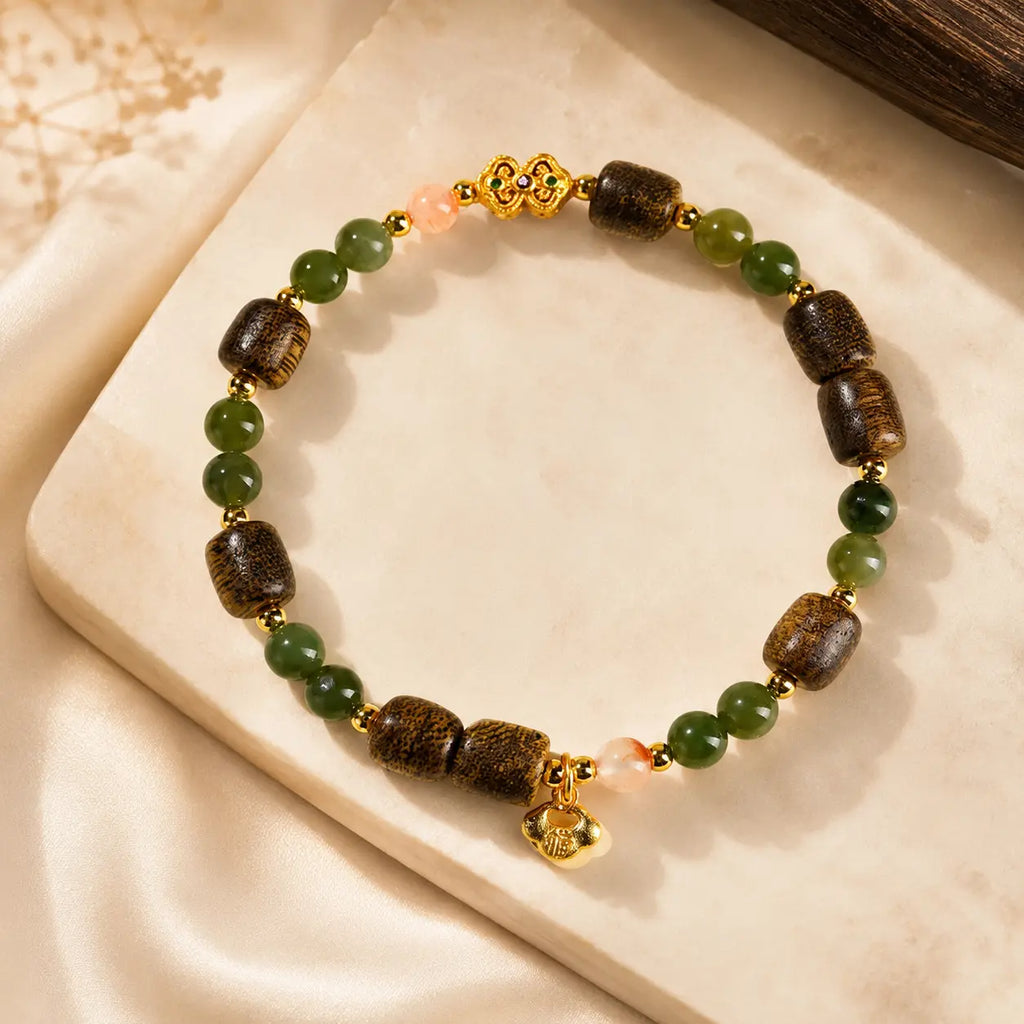 Jade-Tone Wood Bead Charm Bracelet