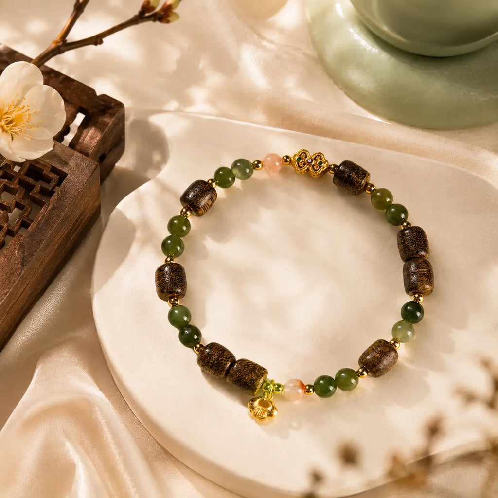 Jade-Tone Wood Bead Charm Bracelet