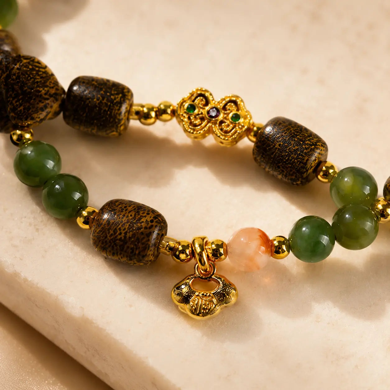Jade-Tone Wood Bead Charm Bracelet