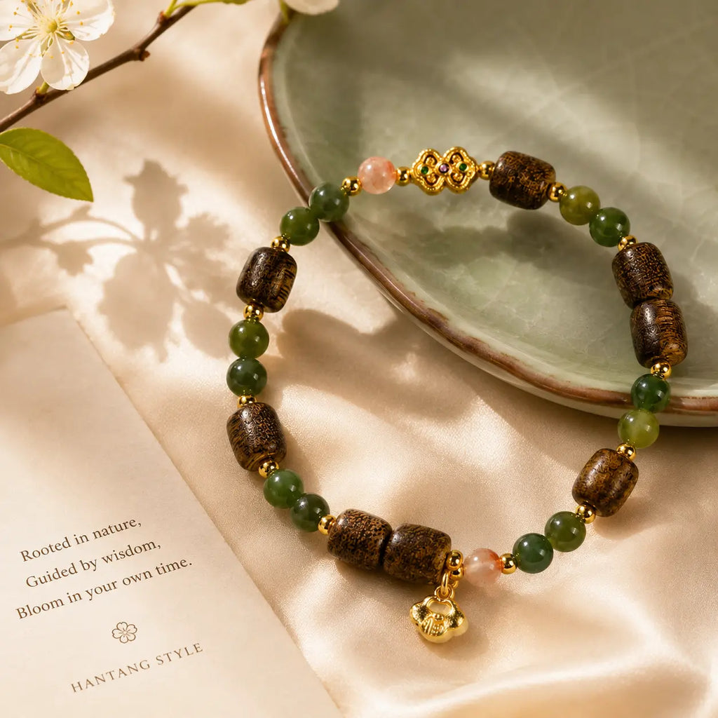 Jade-Tone Wood Bead Charm Bracelet