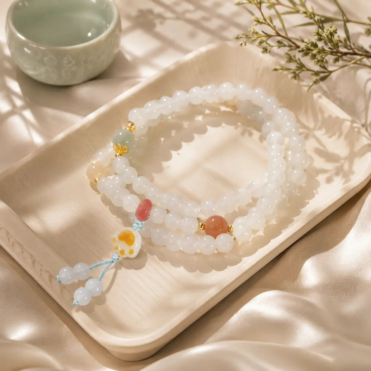 Soft White Jade-Tone Wrap Bracelet