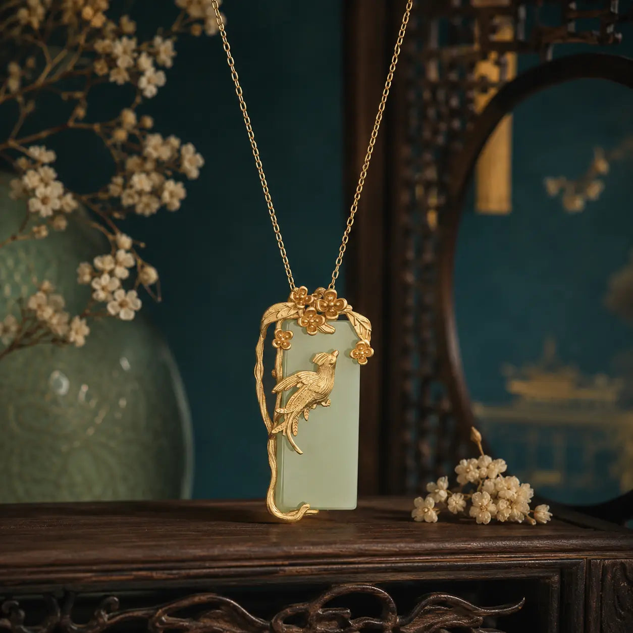 Golden Phoenix Jade-Inspired Pendant Necklace