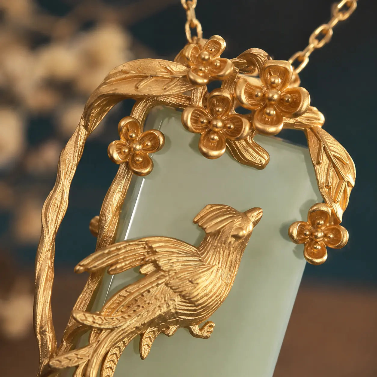 Golden Phoenix Jade-Inspired Pendant Necklace
