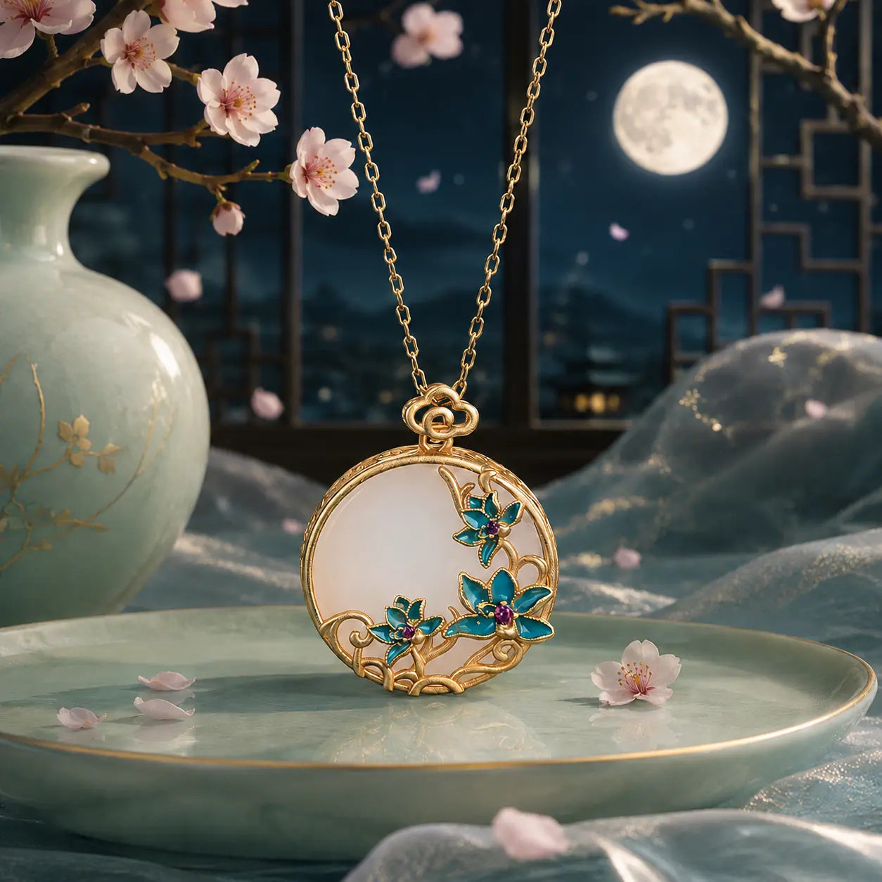 Moon Blossom Jade-Inspired Pendant Necklace