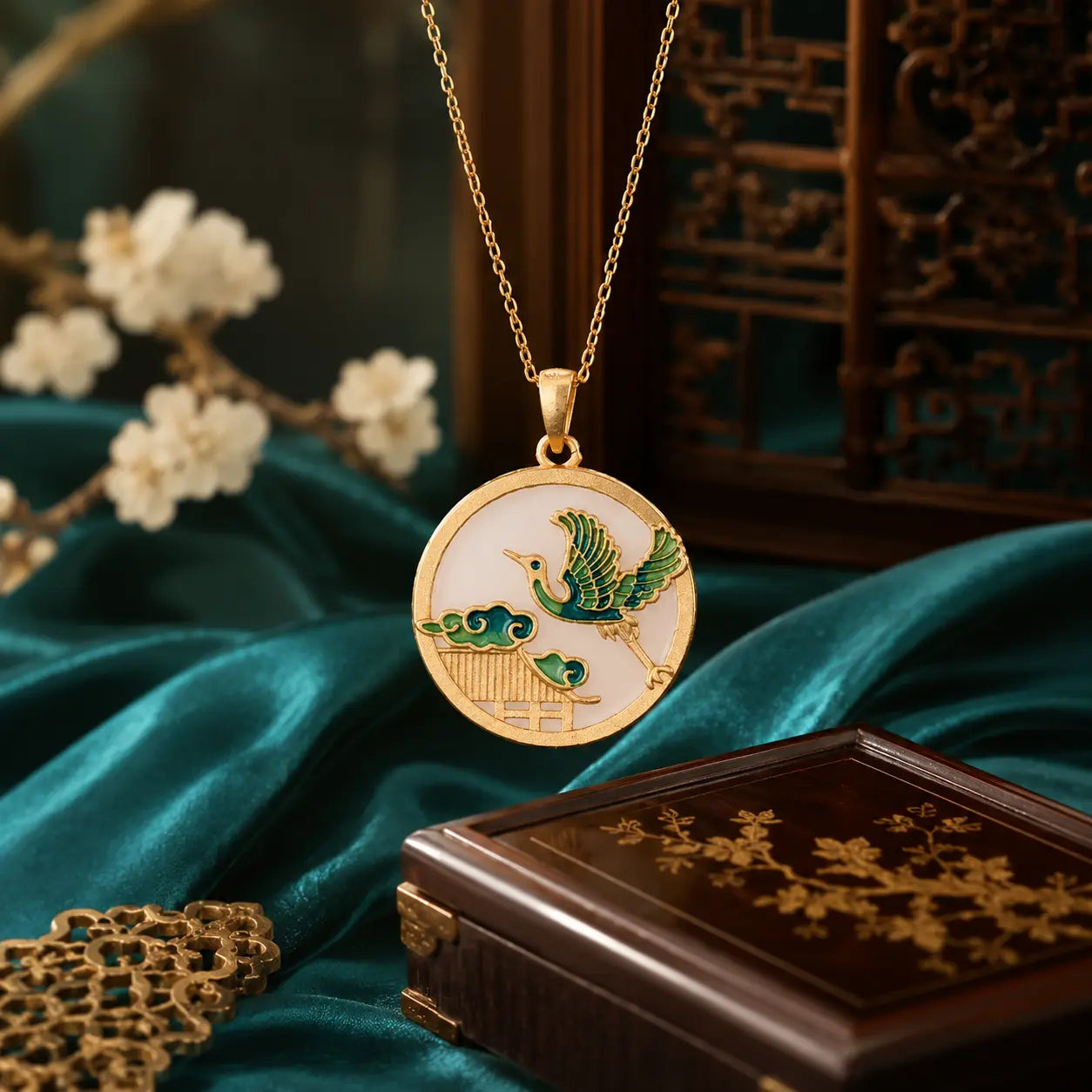 Auspicious Crane Jade-Inspired Pendant Necklace