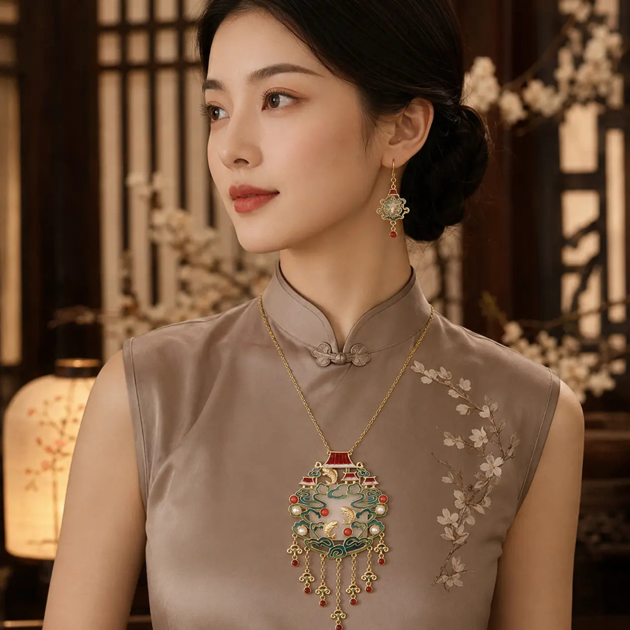 Imperial Koi Palace Lantern Pendant Necklace