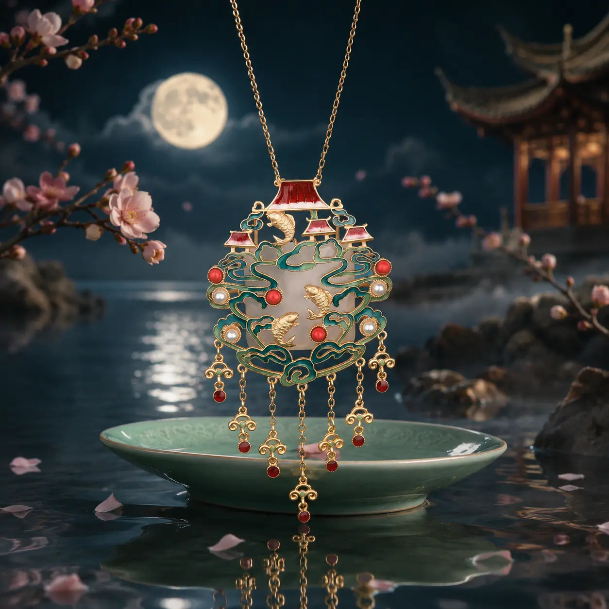 Imperial Koi Palace Lantern Pendant Necklace