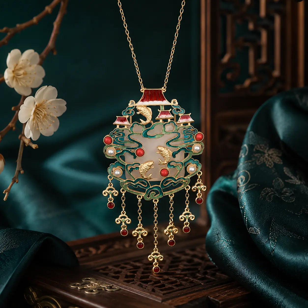 Imperial Koi Palace Lantern Pendant Necklace