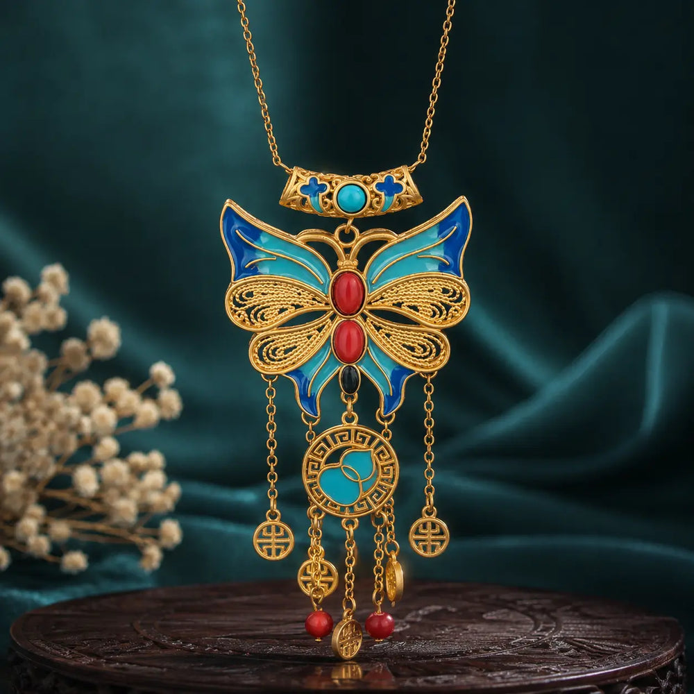 Azure Butterfly Court Tassel Pendant Necklace