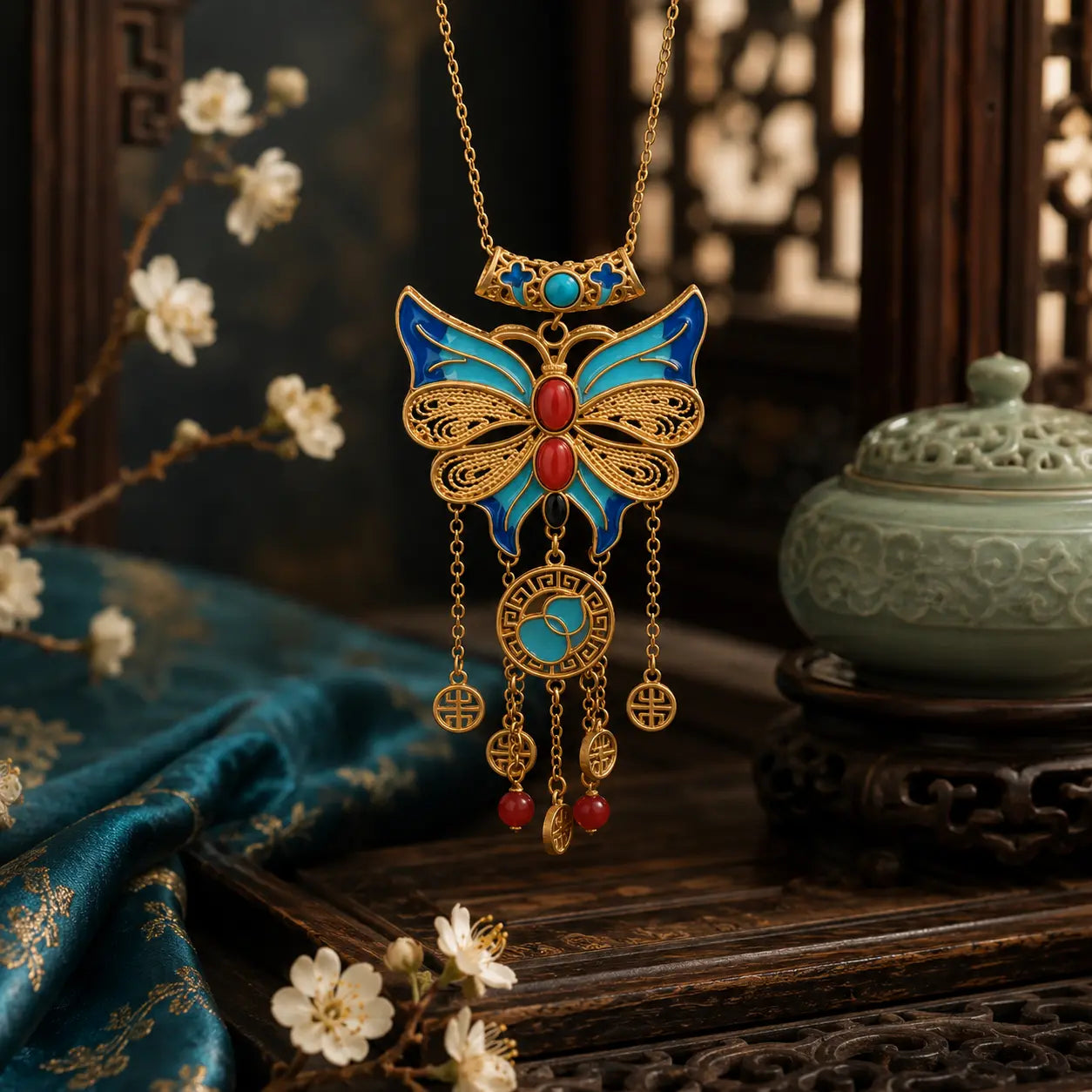 Azure Butterfly Court Tassel Pendant Necklace