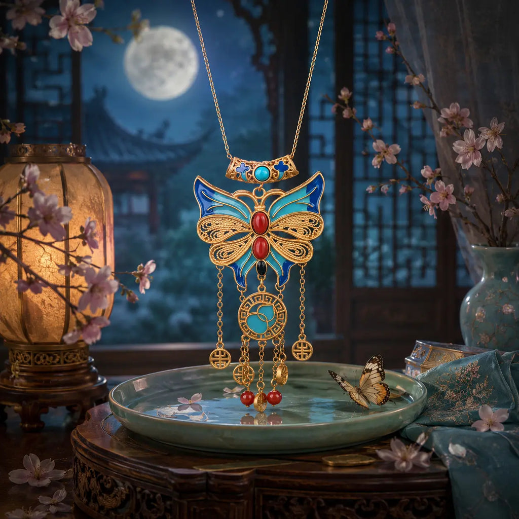 Azure Butterfly Court Tassel Pendant Necklace